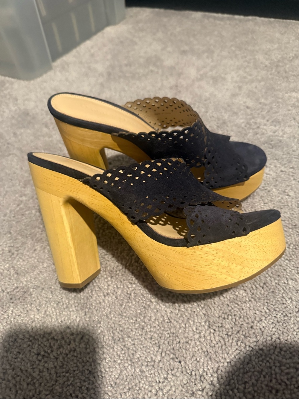 Nordstrom Dark Blue/Black Suede Laser-Cut Platform Mules with Wood Block Heel
